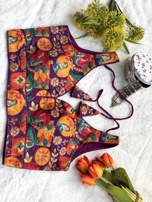 Meher Purple Kalamkari Print Blouse (BLS-001), styled with tulips